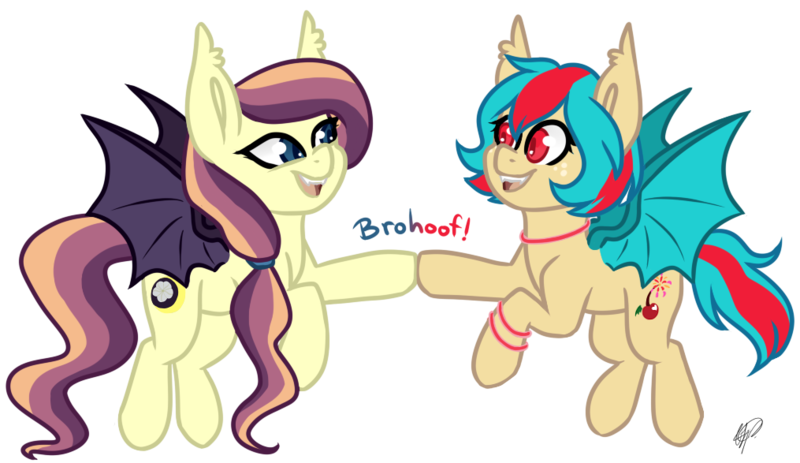 Size: 1015x587 | Tagged: safe, artist:peaceouttopizza23, derpibooru import, oc, oc:cherry bomb, oc:lunar lily, unofficial characters only, bat pony, pony, cute, duo, friends, hoofbump, offspring, parent:oc:sweet hum, parent:oc:swift edge, parents:oc x oc, parents:sweetedge, simple background, transparent background