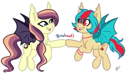 Size: 1015x587 | Tagged: safe, artist:peaceouttopizza23, derpibooru import, oc, oc:cherry bomb, oc:lunar lily, unofficial characters only, bat pony, pony, cute, duo, friends, hoofbump, offspring, parent:oc:sweet hum, parent:oc:swift edge, parents:oc x oc, parents:sweetedge, simple background, transparent background