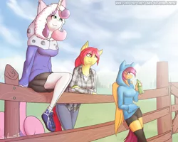 Size: 2500x2000 | Tagged: safe, artist:silverfox057, derpibooru import, apple bloom, scootaloo, sweetie belle, anthro, earth pony, pegasus, plantigrade anthro, unicorn, ask nerdy scootaloo, ask, blue jeans, bottle, clothes, cute, cutie mark crusaders, female, fence, hoodie, jeans, looking up, older, pants, shoes, shorts, skirt, sneakers, socks, sweater, thigh highs, trio, tumblr
