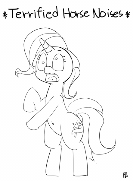 Size: 1000x1357 | Tagged: safe, artist:pabbley, derpibooru import, trixie, pony, unicorn, animated, belly button, bipedal, black and white, derp, descriptive noise, gif, grayscale, horse noises, meme, monochrome, open mouth, panic, screaming, simple background, solo, white background, wide eyes