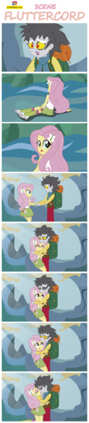 Size: 2667x12555 | Tagged: safe, artist:conikiblasu-fan, derpibooru import, discord, fluttershy, equestria girls, to where and back again, backpack, blood, blushing, clothes, comic, discoshy, equestria girls-ified, injured, kissing, male, shipping, skirt, straight, tanktop, torn clothes