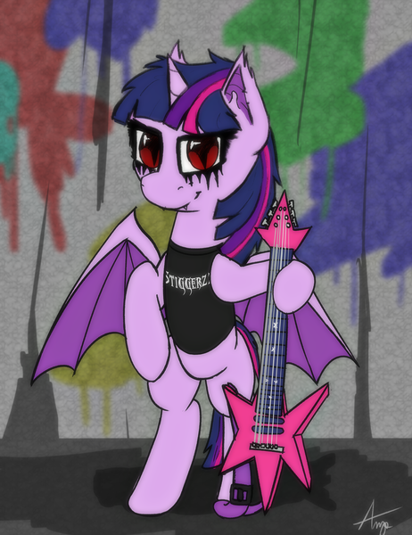 Size: 5417x7042 | Tagged: safe, artist:ampderg, derpibooru import, twilight sparkle, twilight sparkle (alicorn), alicorn, bat pony, pony, absurd file size, absurd resolution, bipedal, clothes, commission, electric guitar, graffiti, guitar, heavy metal, makeup, race swap, shirt, slit eyes, solo, twibat