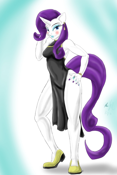 Size: 1876x2814 | Tagged: anthro, artist:project00wolfen, bimbo, black dress, blushing, breasts, busty rarity, cheongsam, clothes, derpibooru import, dress, ear piercing, earring, eyeshadow, female, fingernails, high heels, jewelry, lipstick, little black dress, looking at you, makeup, nail polish, piercing, plantigrade anthro, pose, rarity, solo, solo female, suggestive, vacuum sealed clothing