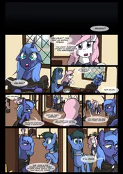 Size: 1240x1754 | Tagged: artist:lunarcakez, bowl, cloak, clothes, comic, comic:the origins of hollow shades, crying, derpibooru import, dialogue, drink, food, frown, lidded eyes, looking at each other, looking back, mug, oc, open mouth, pink-mane celestia, plate, princess celestia, princess luna, s1 luna, sad, safe, smiling, table, younger