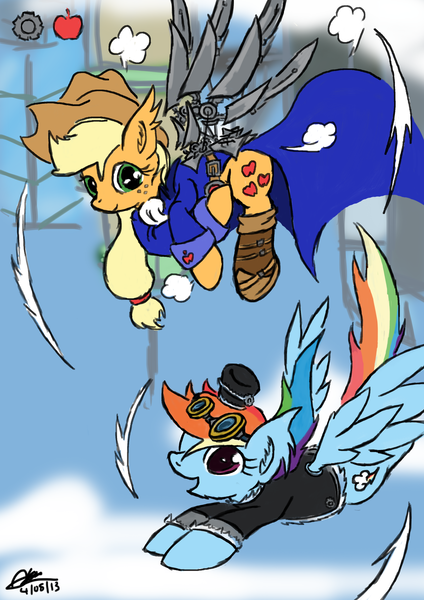 Size: 2480x3508 | Tagged: applejack, artificial wings, artist:mrasianhappydude, augmented, clothes, derpibooru import, flying, gears of nature, mechanical wing, rainbow dash, safe, wings