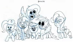 Size: 1000x582 | Tagged: safe, artist:ewoudcponies, derpibooru import, applejack, fluttershy, pinkie pie, rainbow dash, rarity, twilight sparkle, pony, faic, flying, lip bite, looking at you, looking up, mane six, monochrome, open mouth, prone, sitting, smiling, style emulation, teeth