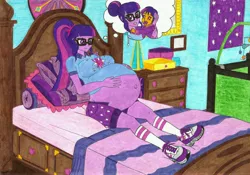 Size: 6997x4889 | Tagged: safe, artist:metaldudepl666, derpibooru import, sci-twi, twilight sparkle, equestria girls, absurd resolution, bad anatomy, bed, bedroom, belly, big belly, breasts, busty twilight sparkle, clothes, female, glasses, happy, lying down, on back, pregnant, shoes, sneakers, solo