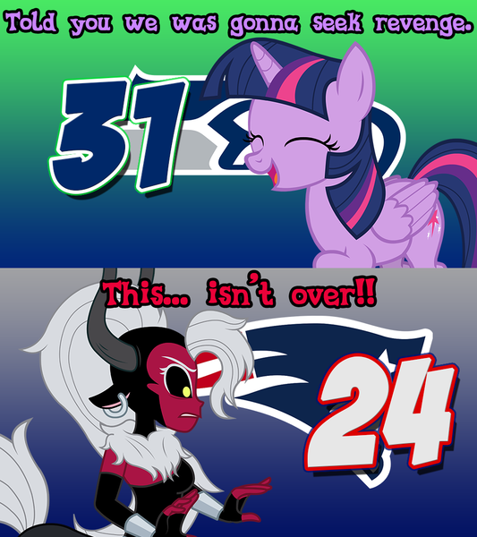 Size: 960x1080 | Tagged: safe, artist:askometa, artist:dashiemlpfim, artist:oblivionfall, derpibooru import, lord tirek, twilight sparkle, twilight sparkle (alicorn), alicorn, pony, american football, lady tirek, new england patriots, nfl, rule 63, seattle seahawks, vector