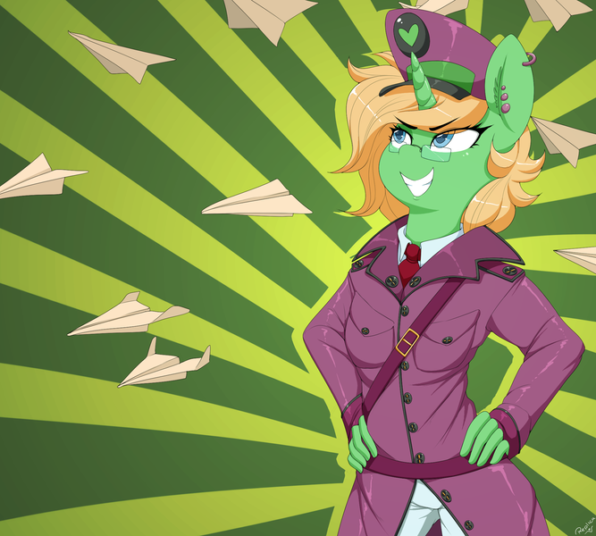 Size: 2000x1800 | Tagged: safe, artist:replica, derpibooru import, oc, unofficial characters only, anthro, unicorn, anthro oc, clothes, glasses, hand on hip, hat, paper airplane, paper plane, smiling, solo, uniform