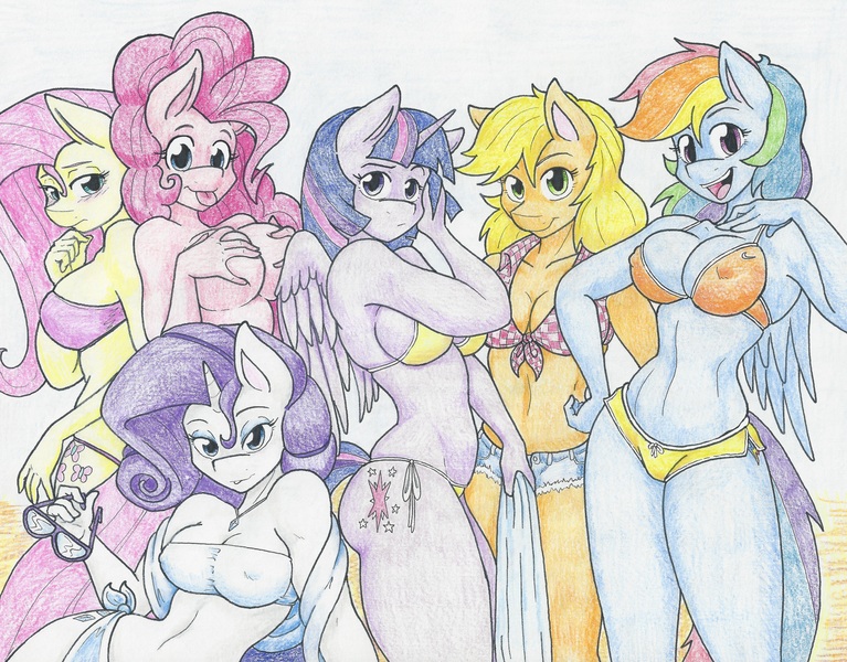 Size: 6194x4847 | Tagged: questionable, artist:flicker-show, derpibooru import, applejack, fluttershy, pinkie pie, rainbow dash, rarity, twilight sparkle, twilight sparkle (alicorn), alicorn, anthro, absurd resolution, bandeau, belly button, bikini, blushing, breast fondling, breast grab, breasts, busty applejack, busty fluttershy, busty mane six, busty pinkie pie, busty rainbow dash, busty rarity, busty twilight sparkle, clothes, covering, daisy dukes, erect nipples, female, front knot midriff, glasses, grope, lidded eyes, looking at you, mane six, midriff, nipple outline, open mouth, partial nudity, shorts, smiling, swimsuit, tongue out, topless