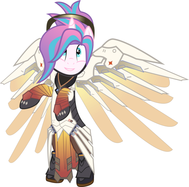 Size: 6000x5938 | Tagged: safe, artist:limedazzle, derpibooru import, princess flurry heart, pony, absurd resolution, armor, bipedal, clothes, crossover, cute, flurrybetes, mercy, older, overwatch, request, simple background, smiling, solo, transparent background, vector