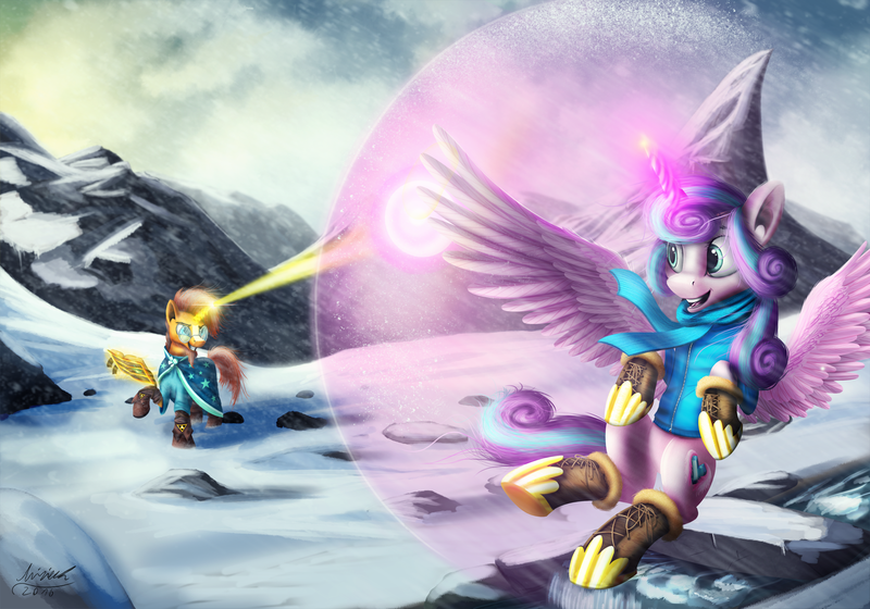 Size: 2000x1400 | Tagged: art, artist:misiekpl, clothes, derpibooru import, duo, flying, force field, grin, hoof boots, jacket, magic, magic blast, magic training, mountain, older, princess flurry heart, realistic, safe, scarf, smiling, snow, sunburst, sunburst teaches flurry, training, wallpaper