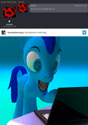 Size: 851x1200 | Tagged: safe, artist:bluestream, derpibooru import, oc, oc:blue stream, unofficial characters only, pegasus, pony, 3d, animated, blender, computer, cycles render, gif, laptop computer, senpai noticed me