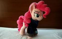 Size: 2048x1281 | Tagged: artist:egalgay, clothes, derpibooru import, fallout, handmade, irl, photo, pinkie pie, pipboy, pipbuck, plushie, safe, solo, sweater