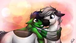 Size: 3840x2160 | Tagged: artist:lupiarts, clothes, cuddling, cute, derpibooru import, floppy ears, fluffy, frown, grin, heart, hug, leaning, lupy, oc, oc:lupi, oc:lupiarts, oc:snoopy stallion, romance, safe, scarf, shipping, smiling, snuggling, unofficial characters only