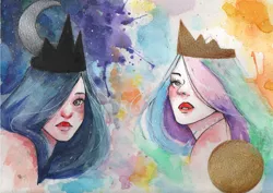 Size: 1753x1240 | Tagged: safe, artist:lunachaser, derpibooru import, princess celestia, princess luna, human, humanized, moon, sun, traditional art, watercolor painting