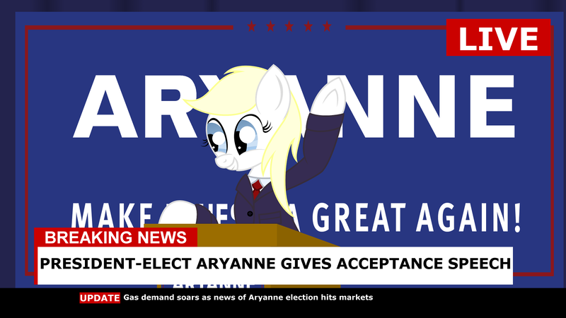 Size: 1920x1080 | Tagged: safe, artist:anonymousdrawfig, derpibooru import, oc, oc:aryanne, unofficial characters only, earth pony, pony, 2016 us presidential election, aryan pony, clothes, donald trump, election, female, grin, happy, heil, make america great again, nazi, necktie, podium, president, republican, smiling, solo, speech, squee, suit, television, waving
