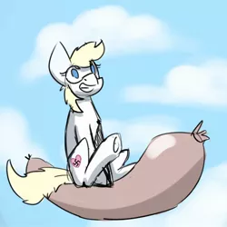 Size: 1024x1024 | Tagged: safe, artist:dumbf, derpibooru import, oc, oc:aryanne, unofficial characters only, earth pony, pony, cloud, female, flying, food, german, happy, heart, logic, meat, nazi, riding, sausage, sex joke, sitting, sky, solo, swastika