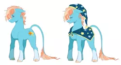 Size: 1812x978 | Tagged: safe, artist:pikokko, derpibooru import, oc, oc:sleepwalker, unofficial characters only, classical unicorn, cape, clothes, cloven hooves, drool, hat, leonine tail, messy mane, nightcap, offspring, parent:sunburst, parent:trixie, parents:trixburst, socks (coat marking), solo