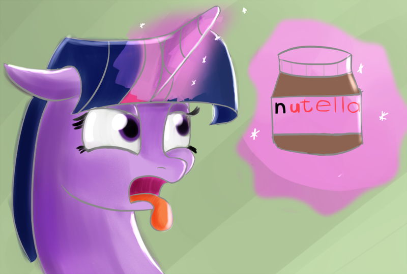 Size: 1280x864 | Tagged: safe, artist:itsthinking, derpibooru import, twilight sparkle, bust, disgusted, floppy ears, food, frown, glowing horn, levitation, lidded eyes, magic, nutella, open mouth, portrait, solo, telekinesis, tongue out, wat