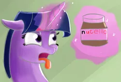 Size: 1280x864 | Tagged: safe, artist:itsthinking, derpibooru import, twilight sparkle, bust, disgusted, floppy ears, food, frown, glowing horn, levitation, lidded eyes, magic, nutella, open mouth, portrait, solo, telekinesis, tongue out, wat