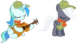 Size: 14801x8349 | Tagged: absurd resolution, artist:cyanlightning, clothes, colt, derpibooru import, female, filly, guitar, hat, male, oc, oc:aureai gray, oc:cyan lightning, safe, simple background, .svg available, transparent background, unofficial characters only, vector