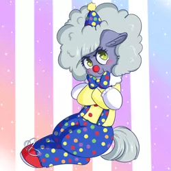 Size: 1280x1280 | Tagged: artist:wickedsilly, blushing, blush sticker, clothes, clown, costume, crossed hooves, cute, derpibooru import, ear fluff, grump, limabetes, limestone pie, looking at you, safe, solo