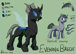 Size: 2000x1428 | Tagged: safe, artist:theandymac, derpibooru import, oc, oc:evening breeze, unofficial characters only, changeling, pony, unicorn, changeling oc, male, missing ear, piercing, reference sheet, scar, solo