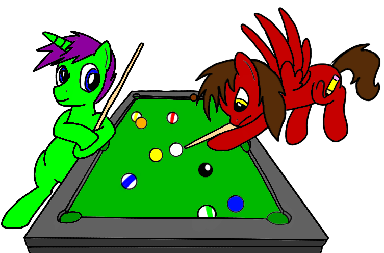 Size: 753x496 | Tagged: safe, artist:toyminator900, derpibooru import, oc, oc:chip, oc:clever clop, unofficial characters only, pegasus, pony, unicorn, billiards, bipedal, duo, simple background, transparent background