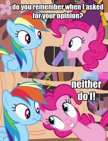 Size: 450x588 | Tagged: safe, derpibooru import, edit, edited screencap, screencap, pinkie pie, rainbow dash, balloon, book, bookshelf, comic, dialogue, eye contact, fez, frown, golden oaks library, hat, image macro, looking at each other, meme