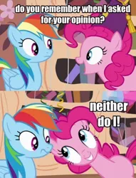 Size: 450x588 | Tagged: safe, derpibooru import, edit, edited screencap, screencap, pinkie pie, rainbow dash, balloon, book, bookshelf, comic, dialogue, eye contact, fez, frown, golden oaks library, hat, image macro, looking at each other, meme