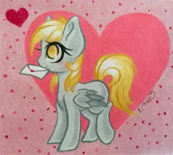 Size: 3319x2979 | Tagged: artist:emberslament, blushing, derpibooru import, derpy hooves, filly, filly derpy, heart, love letter, mouth hold, safe, solo, traditional art