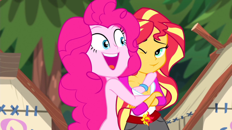 Size: 1920x1080 | Tagged: questionable, derpibooru import, edit, edited screencap, editor:/d/non, screencap, pinkie pie, sunset shimmer, equestria girls, legend of everfree, braless, breast edit, breast grab, breasts, clothed female nude female, female, grope, hug, lesbian, lip bite, naked hug, nude edit, nudity, practitioner of naturism, shipping, sunsetpie