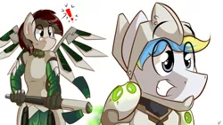 Size: 7168x4032 | Tagged: absurd resolution, anthro, artificial wings, artist:fleet-wing, augmented, bowtie, clothes, cosplay, costume, derpibooru import, exclamation point, genji (overwatch), glasses, healing, hippogriff, mechanical wing, mercy, oc, oc:cirrus sky, overwatch, safe, smiling, staff, unofficial characters only, video game, wings