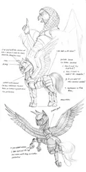 Size: 1100x2208 | Tagged: safe, artist:baron engel, derpibooru import, oc, unofficial characters only, gryphon, pegasus, pony, armor, grayscale, monochrome, pencil drawing, simple background, sketch, traditional art, white background