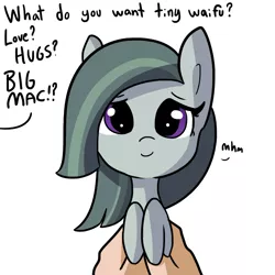 Size: 1080x1080 | Tagged: safe, artist:tjpones, derpibooru import, part of a set, marble pie, earth pony, pony, cute, daaaaaaaaaaaw, hand, holding a pony, implied big macintosh, implied marblemac, looking at you, marblebetes, mhm, offscreen character, part of a series, pov, simple background, smiling, solo focus, tiny ponies, tjpones is trying to murder us, weapons-grade cute, what do you want, white background