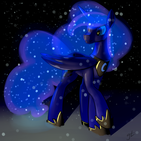 Size: 1300x1300 | Tagged: artist:goat train, derpibooru import, night, princess luna, raised hoof, safe, signature, snow, snowfall, solo