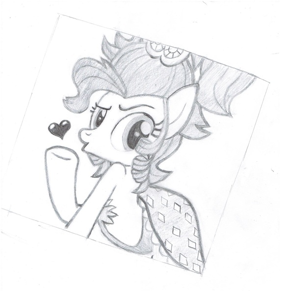 Size: 1740x1756 | Tagged: applejack, applejewel, artist:lordmiedo, blowing a kiss, clothes, derpibooru import, dress, grayscale, heart, monochrome, pencil drawing, safe, simple ways, solo, traditional art