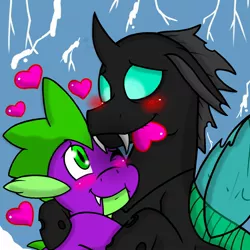 Size: 2048x2048 | Tagged: artist:yaoilover113, blushing, changeling, cute, derpibooru import, gay, heart, hug, male, safe, shipping, smiling, spike, thorax, thoraxspike