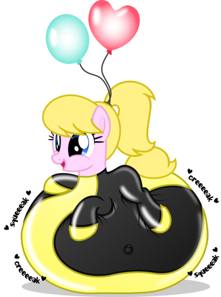 Size: 2996x4029 | Tagged: questionable, artist:nxzc88, derpibooru import, oc, oc:lola balloon, unofficial characters only, earth pony, pony, balloon, belly bed, cute, inflatable suit, inflation, latex, latex suit, ponytail, simple background, solo, squeak, transparent background