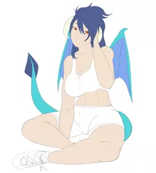 Size: 2701x3000 | Tagged: artist:skyearts, breasts, busty princess ember, derpibooru import, female, horned humanization, human, humanized, looking at you, princess ember, safe, simple background, smiling, solo, tailed humanization, white background, winged humanization, workout outfit