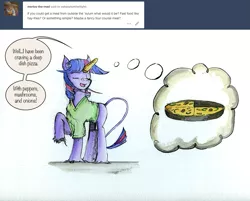 Size: 1113x895 | Tagged: safe, artist:dreamingnoctis, derpibooru import, twilight sparkle, classical unicorn, pony, unicorn, ask asylum twilight, ask, clothes, cloven hooves, food, horn cap, leonine tail, magic suppression, pizza, solo, thought bubble, tumblr, unshorn fetlocks