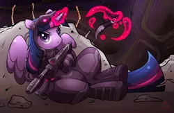 Size: 1000x652 | Tagged: safe, artist:kerrts, derpibooru import, twilight sparkle, twilight sparkle (alicorn), alicorn, pony, armor, crossover, gun, karambit, knife, science fiction, solo, starcraft, starcraft 2, video game, weapon