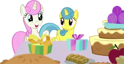 Size: 15626x8118 | Tagged: safe, artist:cyanlightning, derpibooru import, lemon hearts, twinkleshine, amending fences, .svg available, absurd resolution, cake, food, present, simple background, table, transparent background, vector