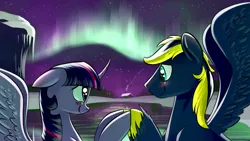 Size: 1920x1080 | Tagged: safe, derpibooru import, twilight sparkle, twilight sparkle (alicorn), oc, oc:zephyr, alicorn, pony, aurora borealis, blushing, canon x oc, curved horn, cute, eye contact, floppy ears, holding hooves, lake, looking at each other, male, shipping, smiling, snow, spread wings, straight, twiphyr, unshorn fetlocks