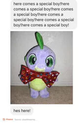 Size: 488x760 | Tagged: safe, derpibooru import, edit, spike, bowtie, build-a-bear, cute, here comes a special boy, image macro, irl, meme, photo, plushie, solo, spikabetes, spike plushie