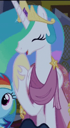 Size: 242x442 | Tagged: safe, derpibooru import, screencap, princess celestia, rainbow dash, twilight sparkle, twilight sparkle (alicorn), alicorn, pegasus, pony, make new friends but keep discord, amused, animated, beautiful, clothes, cropped, crown, cute, cutelestia, dress, ethereal mane, eyes closed, female, flowing mane, gala dress, gif, giggling, grin, hoof shoes, jewelry, laughing, mare, multicolored mane, noblewoman's laugh, open mouth, raised hoof, regalia, smiling, solo focus