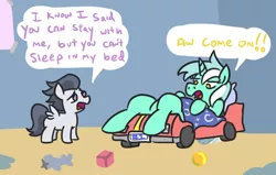 Size: 872x555 | Tagged: artist:jargon scott, ball, bed, blanket, block, derpibooru import, dialogue, l.u.l.s., lyra heartstrings, magazine, open mouth, poster, race car bed, rumble, safe, spread wings