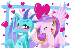 Size: 1045x710 | Tagged: safe, artist:phoenixperegrine, derpibooru import, princess cadance, princess ember, blushing, bust, cute, cutedance, duo, emberbetes, friendshipping, heart, one eye closed, open mouth, smiling, spread wings, tongue out, wings, wink