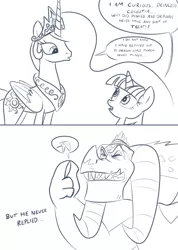 Size: 1024x1439 | Tagged: safe, artist:queencold, derpibooru import, dragon lord torch, princess celestia, twilight sparkle, twilight sparkle (alicorn), alicorn, dragon, pony, comic, dialogue, letter, looking at each other, monochrome, open mouth, size problem, sketch, squint